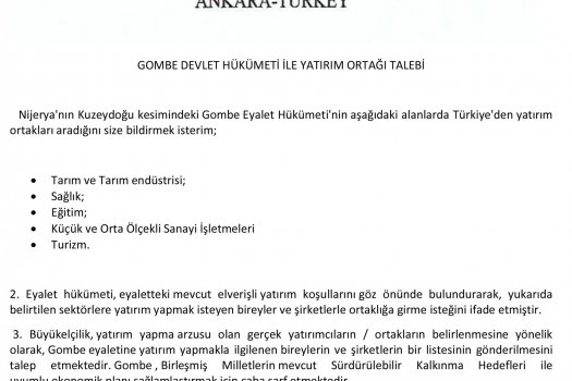 Nijerya Ankara Büyükelçiliği Gombe Yatırım Ortaklığı Talebi