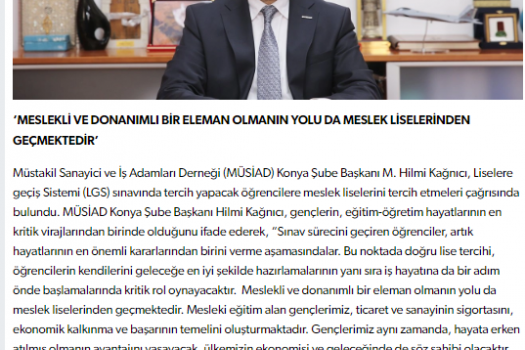 Başkan Kağnıcı’dan Gençlere “Meslek Liselerini Tercih Edin” Çağrısı